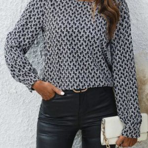 Pearl Trim Backless Printed Boat Neck Blouse NWOT